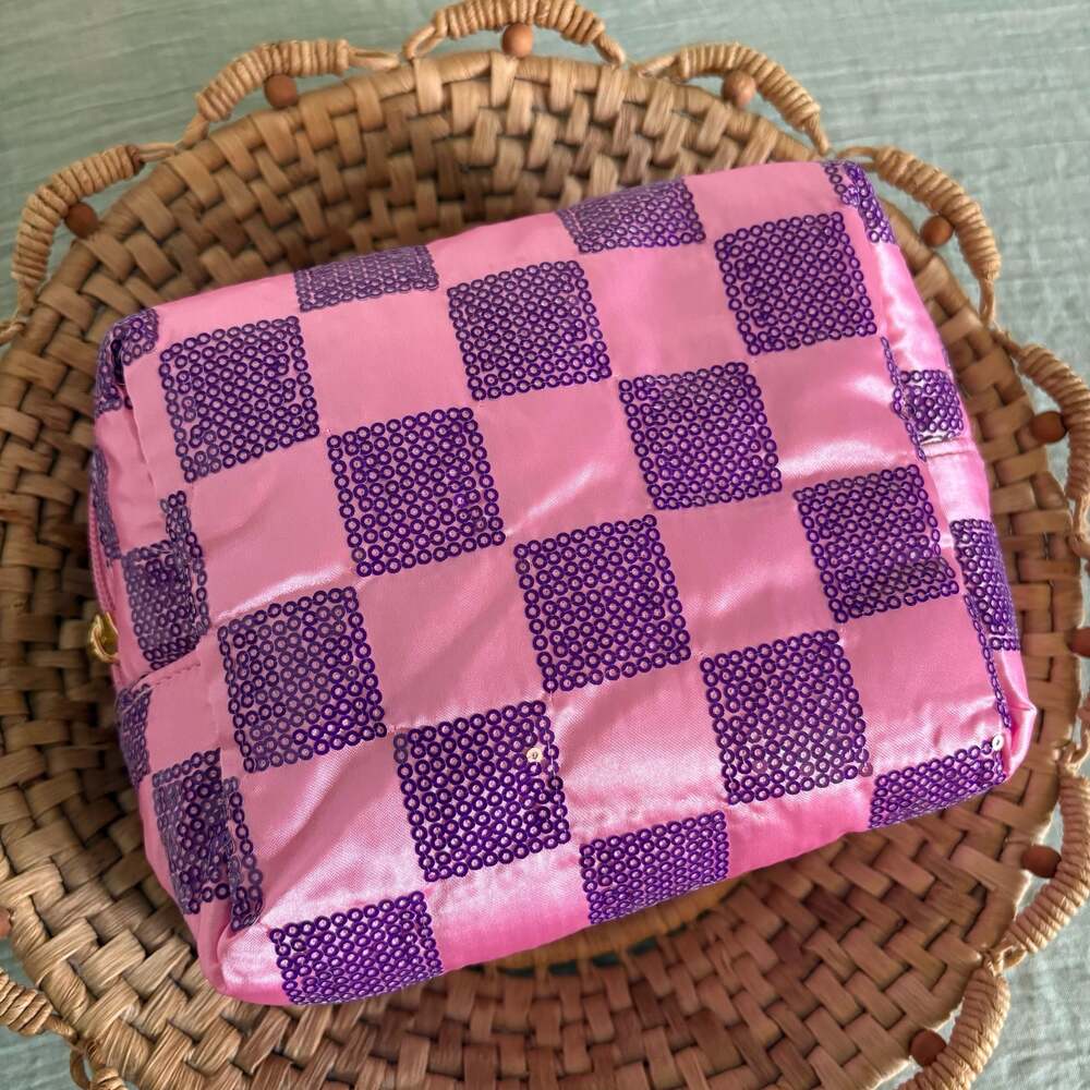 Pink and Purple Checkered Sequin Makeup Bag
